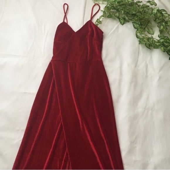 Evening Dark Red High Slit Velvet Wrap Floor Length Dress - Picture 4 of 5